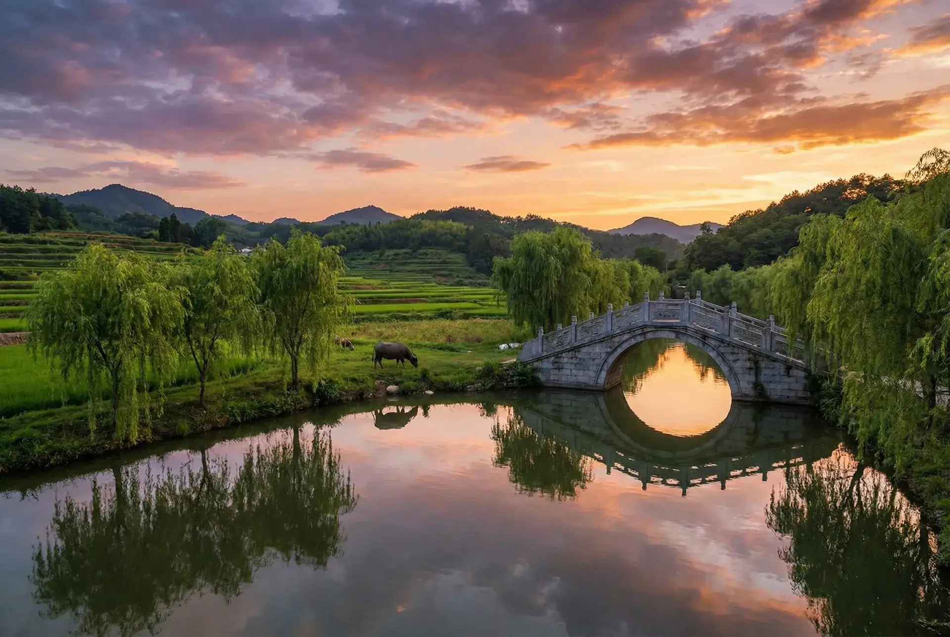 夕阳下的石拱桥与垂柳，水牛在河边吃草 - 裸体美女做爱视频 乡村美景